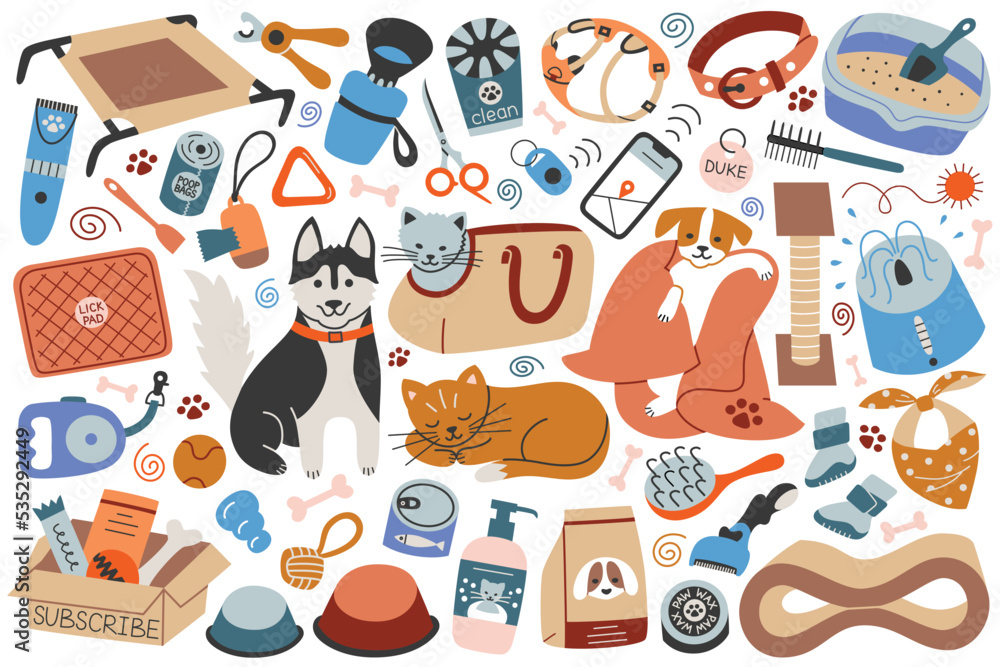 pet-shop-icons-set-dog-and-cat-doodle-characters-pet-care-products