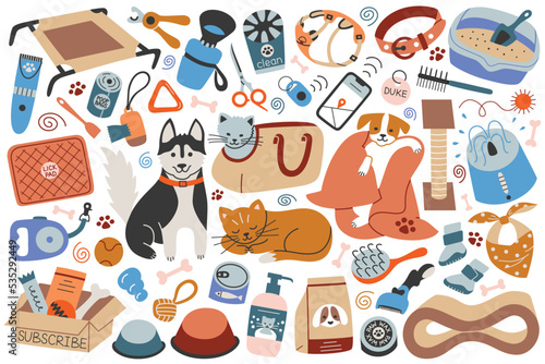 Fototapeta Pet shop icons set, dog and cat doodle characters, pet care products, vector ill
