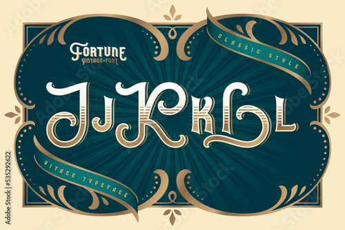 Fortune Vintage vector font set with decorative design elements