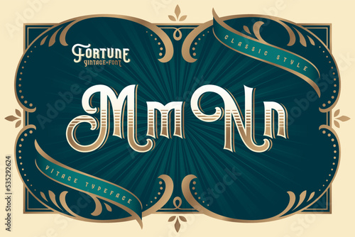 Fortune Vintage vector font set with decorative design elements