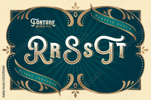 Fortune Vintage vector font set with decorative design elements