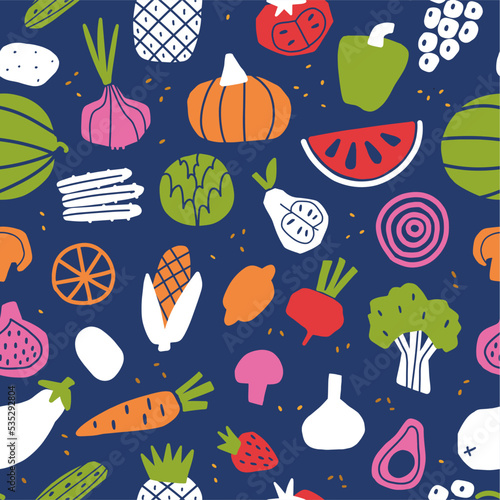 Vector pattern of stylized fruits and vegetables in Scandinavian style