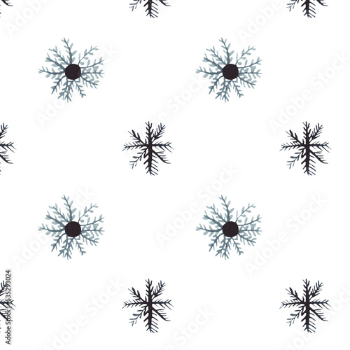 Watercolor snowflakes seamless pattern. Blue snowflakes on a white background. Christmas handmade illustrations.