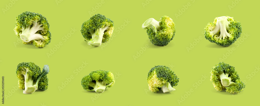 Fresh broccoli isolated set on a light green background with clipping path. Fresh broccoli isolated set on a light green background with clipping path.