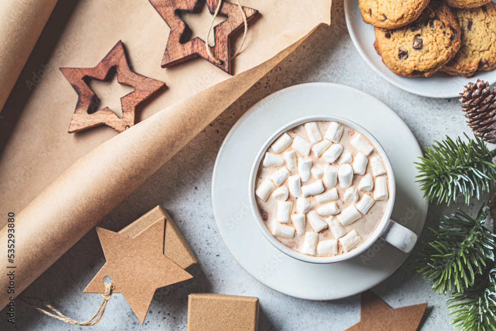 Cup of hot chocolate or cocoa with marshmallow. Festive Christmas background. Cup of hot chocolate or cocoa with marshmallow. Festive Christmas background.