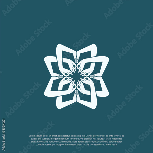 Illustration of karma yoga handsign depicted with Namaste, Indian women's hand greeting posture of namaste with flower shape badge logo vector