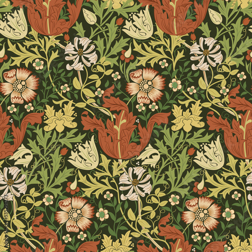 Floral seamless pattern with flowers on dark green background. Vector illustr...