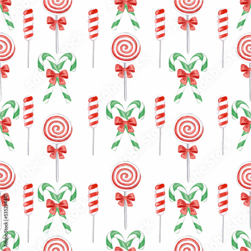 Watercolor candy lollipop and cane pattern. Vector illustration