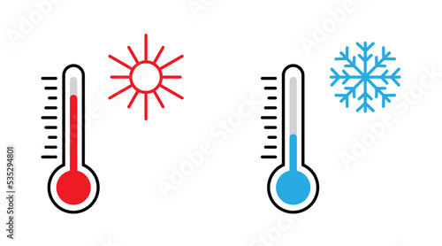 Conjunto de iconos de termómetro. Temperatura caliente y frío. Estado del clima. Ilustración vectorial