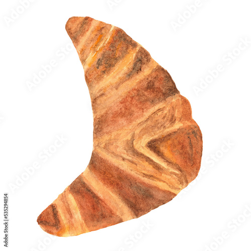 Croissant watercolor illustration. Isolated on white. French baking. Hand drawn food illustration. Hand drawn food illustration. Cafeteria menu, beverage, bakery. Croissant png watercolour drawing. 