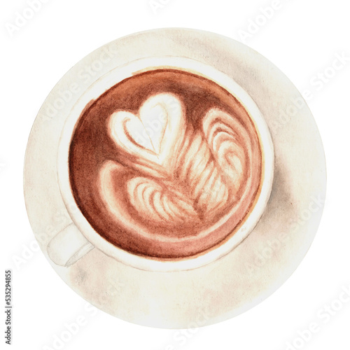 Coffee Latte watercolor illustration. Isolated on white. Hand drawn food illustration. Cafeteria menu, barista Latte art. Cappuccino png watercolour drawing. 