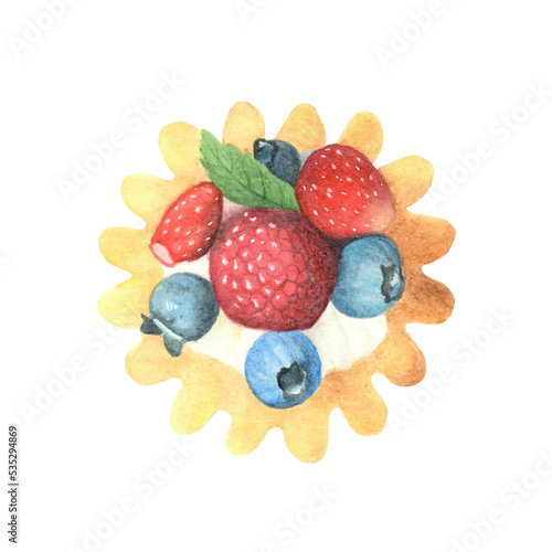 Dessert or cake watercolor illustration. Isolated on transparent bg. Fresh berries with cream. Hand drawn food illustration. Cafeteria menu, beverage, bakery. Cupcake png watercolour drawing. 