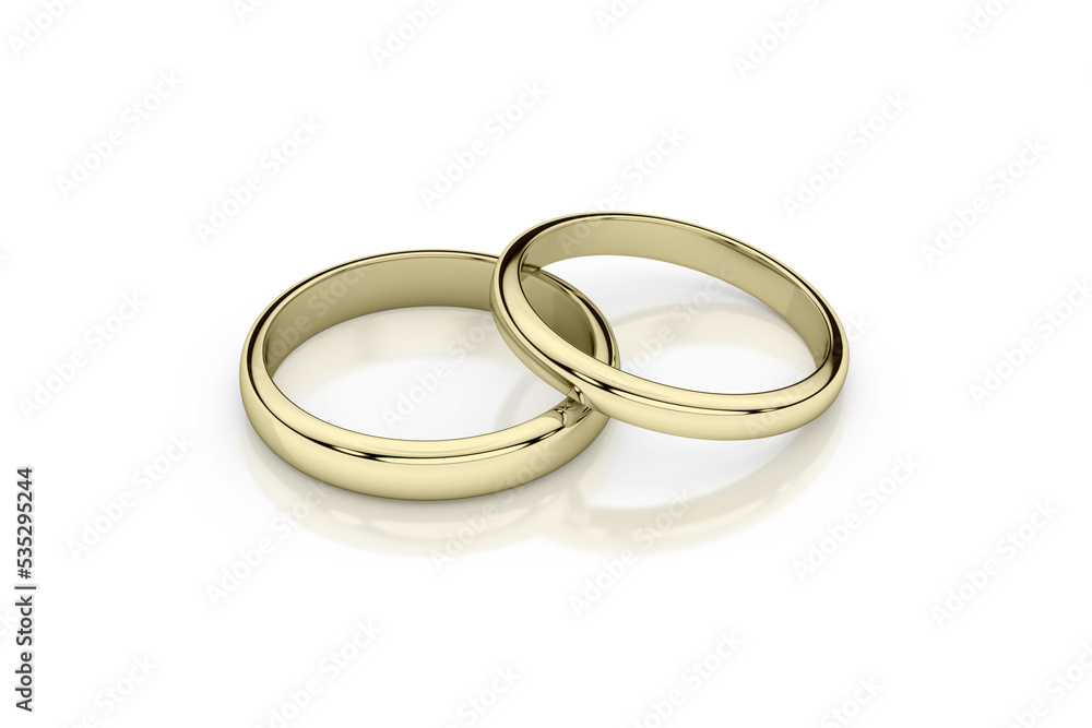 Jewelry wedding band yellow gold rings on glossy white background. 3d rendering Jewelry wedding band yellow gold rings on glossy white background. 3d rendering