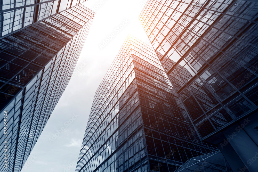 Low angle view of business buildings in Hong Kong