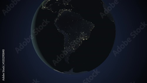 Seamless looping animation of the earth at night zooming in to the 3d map of Chile with the capital and the biggest cites in 4K resolution photo
