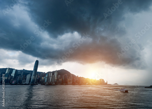 Photography Hong Kong downtown with dark clouds in storm