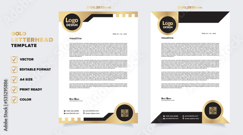 gold letterhead template for business company stationery design with A4 sheet vector format and editable layout in golden color