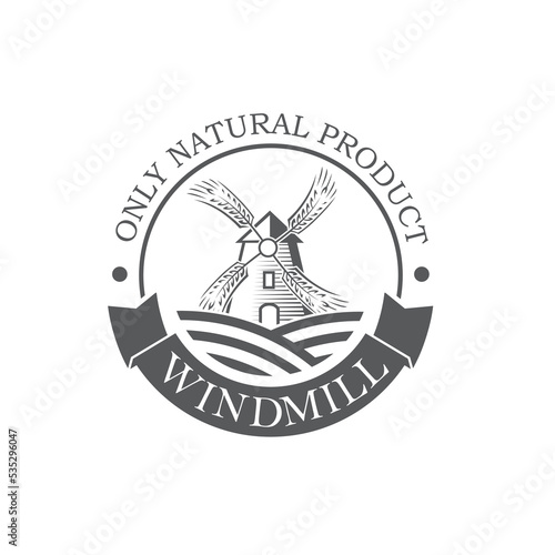 monochrome illustration of windmill and wheat ears isolated on white background