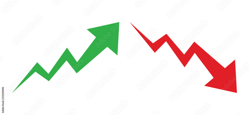 Graph going Up and Down sign with green and red arrows vector. Flat design vector illustration concept of sales bar chart symbol icon with arrow moving down and sales bar chart with arrow moving up. Graph going Up and Down sign with green and red arrows vector. Flat design vector illustration concept of sales bar chart symbol icon with arrow moving down and sales bar chart with arrow moving up.