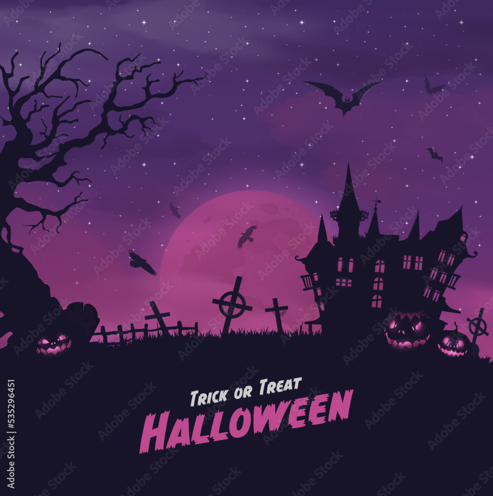 Happy halloween banner or party invitation background with violet fog clouds and pumpkins	