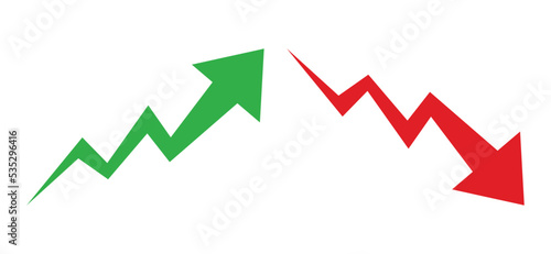Graph going Up and Down sign with green and red arrows vector. Flat design vector illustration concept of sales bar chart symbol icon with arrow moving down and sales bar chart with arrow moving up.