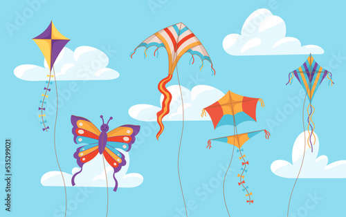 Flying kites different shapes in sky among clouds flat style