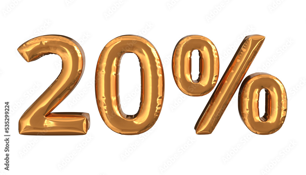 3d rendering of gold foil balloons text of 20%, suitable for advertising 3d rendering of gold foil balloons text of 20%, suitable for advertising