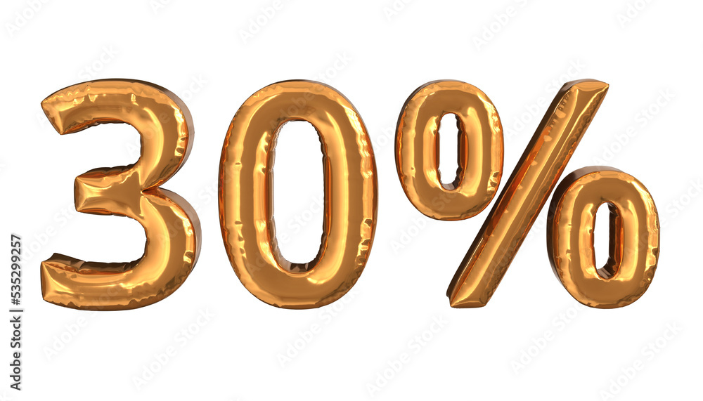 3d rendering of gold foil balloons text of 30%, suitable for advertising 3d rendering of gold foil balloons text of 30%, suitable for advertising