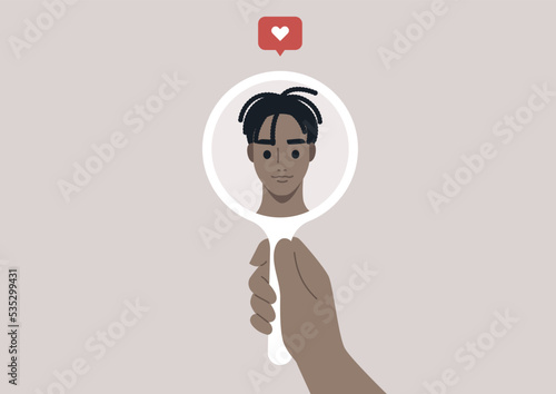 High self esteem, a character looking at themselves in a hand mirror, a like icon popping up above
