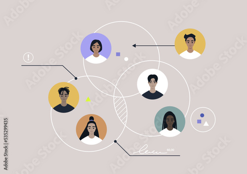 A teamwork organizational scheme, a diverse group of young professionals working together on a project