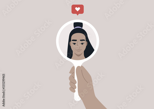 High self esteem, a character looking at themselves in a hand mirror, a like icon popping up above