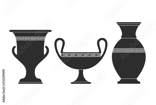 Vase silhouettes set. Various antique ceramic vases. Ancient greek jars and amphorae silhouettes. Clay vessels pottery illustration.
