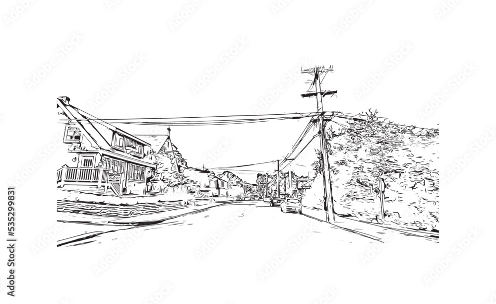 Fototapeta premium Building view with landmark of Pacific Grove is the city in California. Hand drawn sketch illustration in vector.