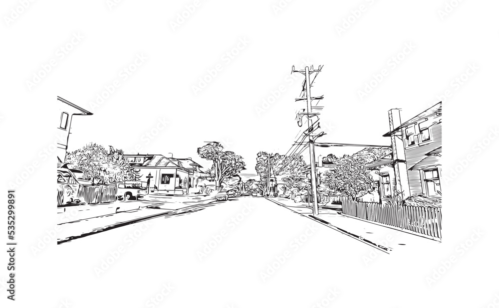 Building view with landmark of Pacific Grove is the 
city in California. Hand drawn sketch illustration in vector.