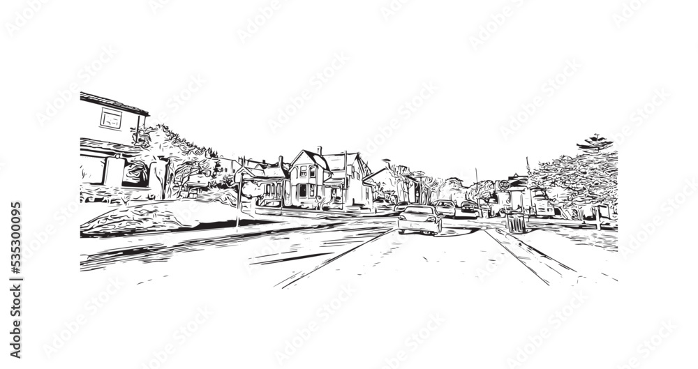 Building view with landmark of Pacific Grove is the 
city in California. Hand drawn sketch illustration in vector.