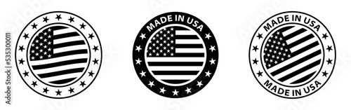 Set of black logo made in the usa labels, usa flag , american product emblem on white background