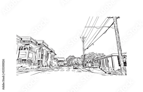 Building view with landmark of Pacific Grove is the city in California. Hand drawn sketch illustration in vector.