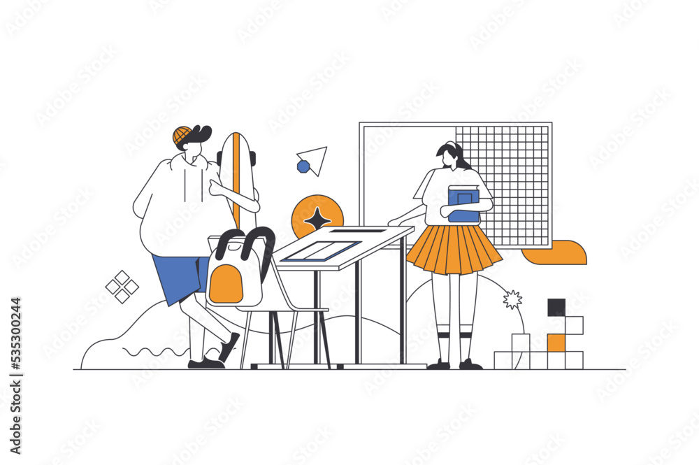 Back to school web concept in flat outline design with characters. Schoolboy and schoolgirl studying at lessons. Classmates in classroom. Education and learning people scene. Vector illustration.