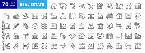 Real Estate thin line icons. Real estate symbols set. Home, House, Agent, Plan, Realtor icon. Real estate icons set. Vector illustration photo