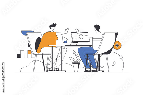 Best feedback web concept in flat outline design with characters. Client writing comments and evaluating. Company employee reads customer reviews. User experience people scene. Vector illustration.