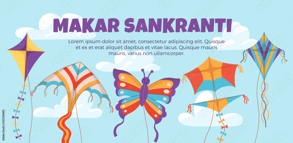 Makar Sankranti banner or greeting card with kites flat vector illustration.