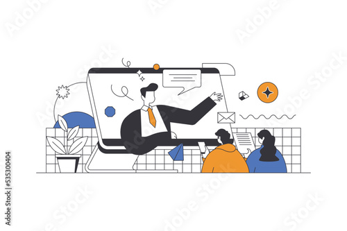 Business training web concept in flat outline design with characters. Man and woman listen to coach at conference, improve professional skills and career analyzes, people scene. Vector illustration.