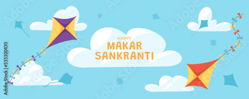 Makar Sankranti greeting banner with blue sky, clouds and colorful kites - flat vector illustration.