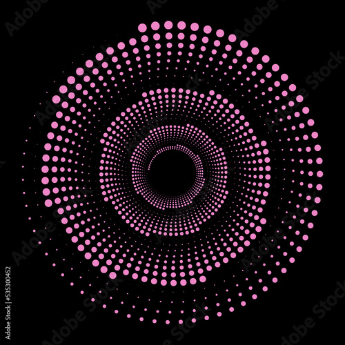 Circle pink dots on a black background. Element for frame  logo  tattoo  web pages  prints  posters  template  abstract vector backgrounds. Optical illusion shape. Design spiral dots backdrop. Op art.