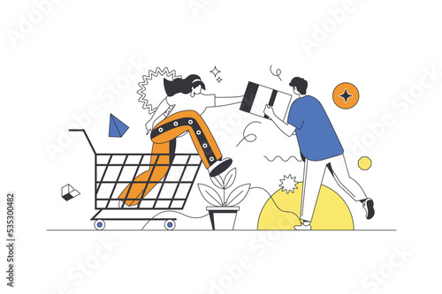 Commerce and shopping web concept in flat outline design with characters. Man and woman makes purchases, looking discounts and great deals in supermarket. E-business people scene. Vector illustration.