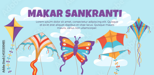 Makar Sankranti banner or greeting card with kites flat vector illustration.