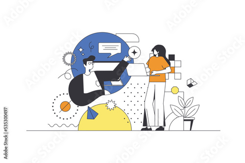 Creative agency web concept in flat outline design with characters. Man and woman designers generate creative ideas and develop advertising campaign for business, people scene. Vector illustration.
