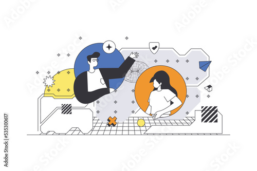 Cyberspace management web concept in flat outline design with characters. Man and woman interacts with online storage system, manage digital files and documents, people scene. Vector illustration.