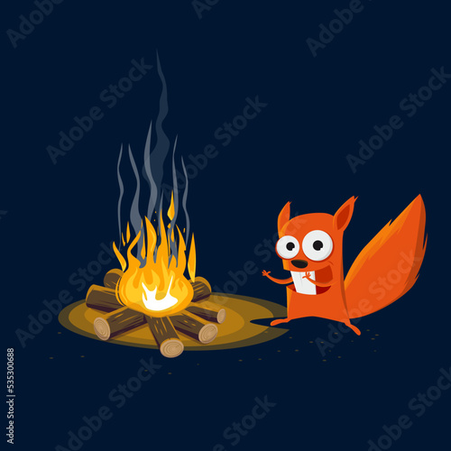 funny cartoon squirrel standing at a campfire