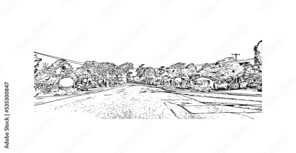 Fototapeta premium Building view with landmark of Pacific Grove is the city in California. Hand drawn sketch illustration in vector.